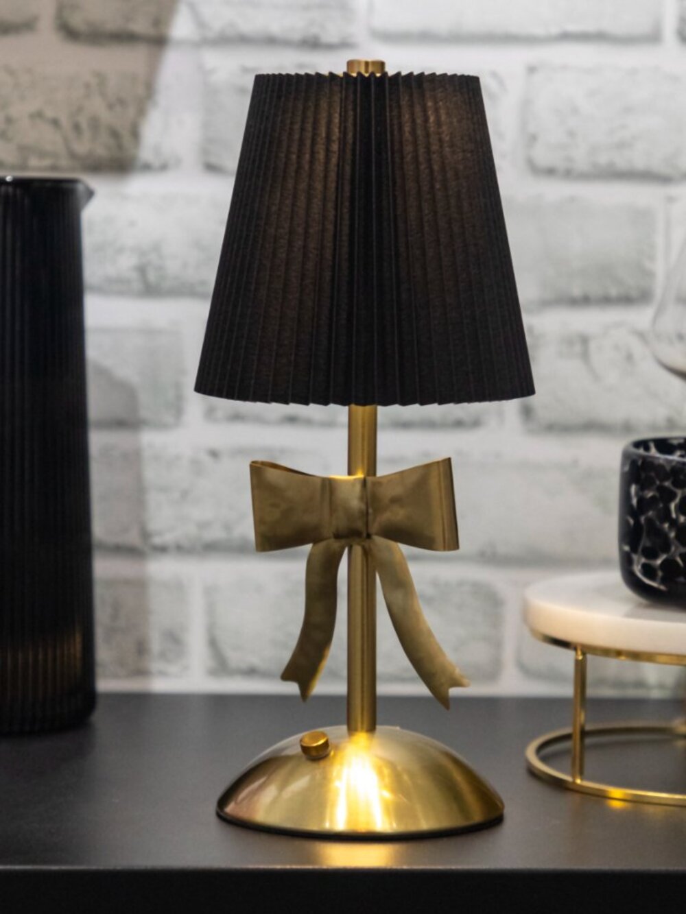 Black Pleated Touch Lamp with Brass Bow Detail – Portable and Rechargeable LED - Picture 2 of 2